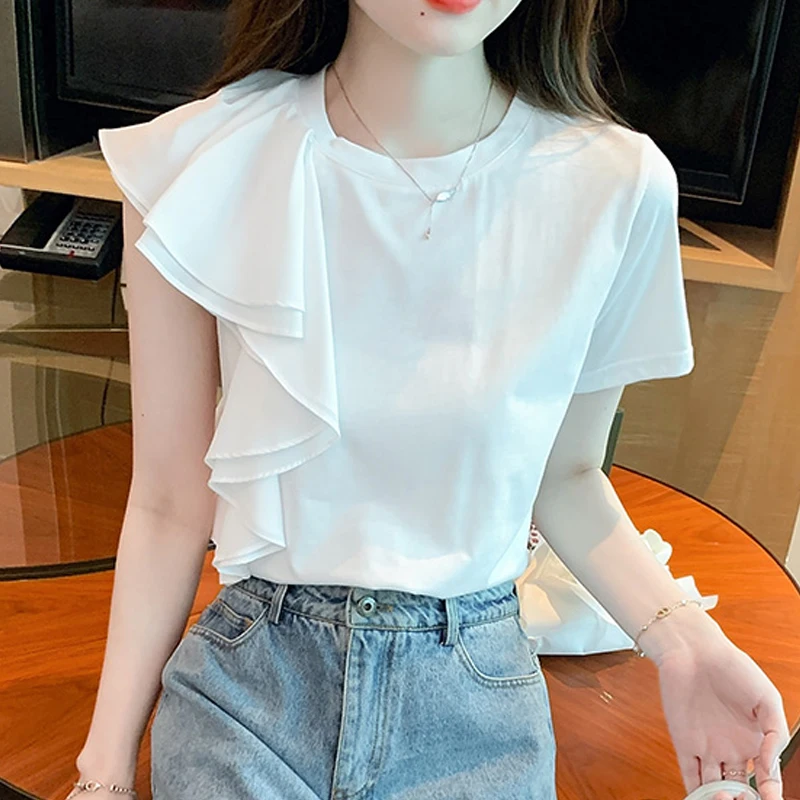 Summer White Irregular Ruffled Blouse Women O Neck Fashion Short Sleeve Elegant Shirt Korean Female Casual Loose Tops 1004