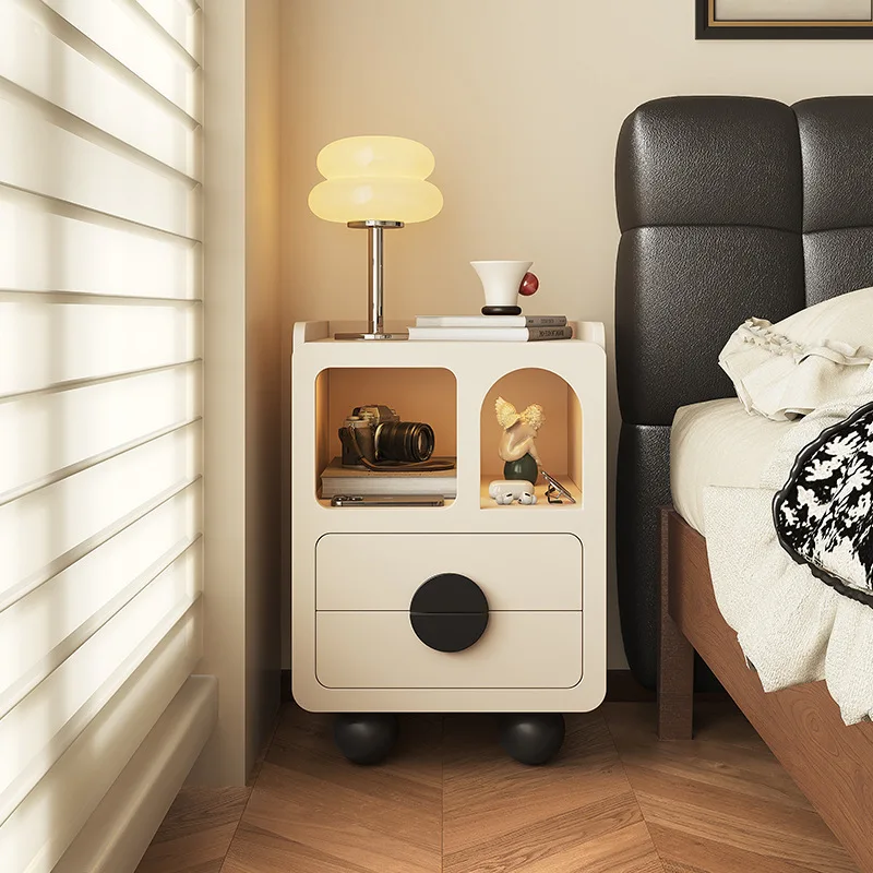 

Modern Cream Mini Cute Ultra-Narrow Solid Wood Bedside Table Storage Cabinet for Small Apartment