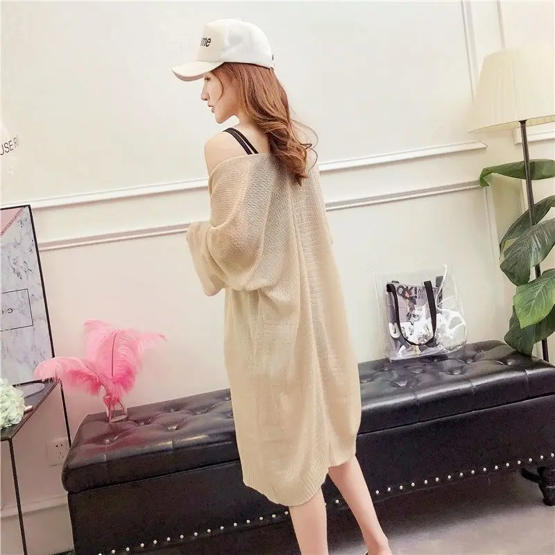 Summer Thin Air Conditioning Cardigan Women College Lazy Style Korean Edition Loose Knitted Shirt Medium Long Sunscreen Clothes