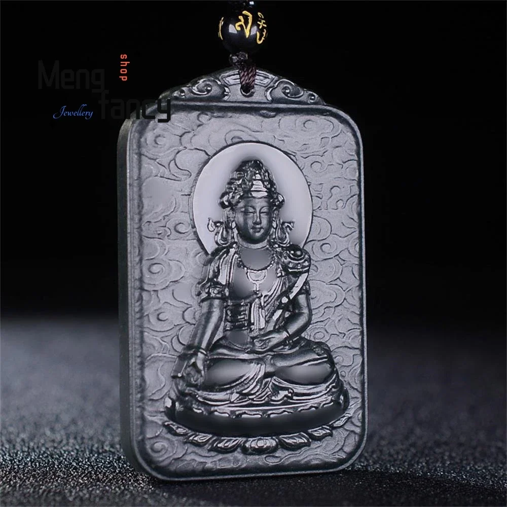 Natural Hetian Green Jade Double-sided engraving Ruyi Goddess of Mercy Pendant Exquisite Luxury Fashion Jewelry Buddhist Amulets