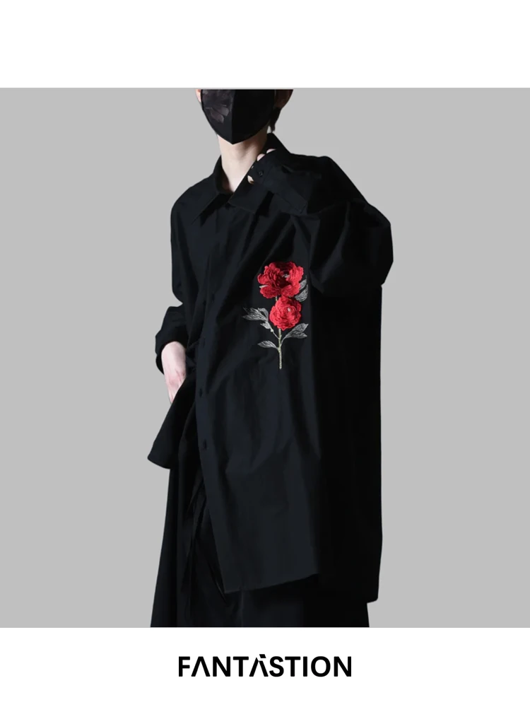 

FANTASTION original Japanese-inspired shirt with gothic rose embroidery unisex oversized loose casual blouse shirts tops