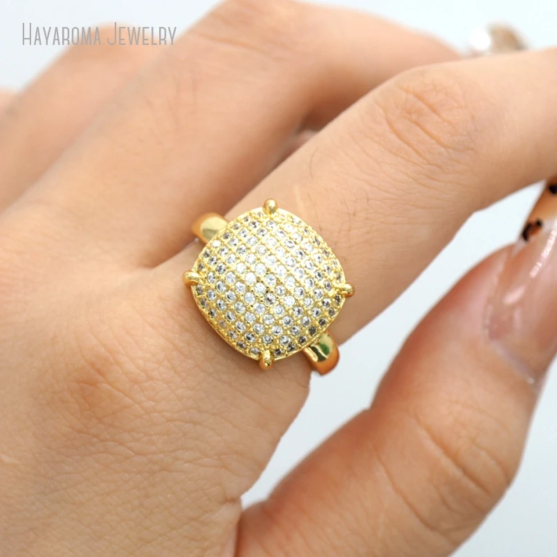 

10Pcs Wholesale Metal Cubic Zirconia Invisible Setting Copper Gold Color Geometric Square Ring RM53208