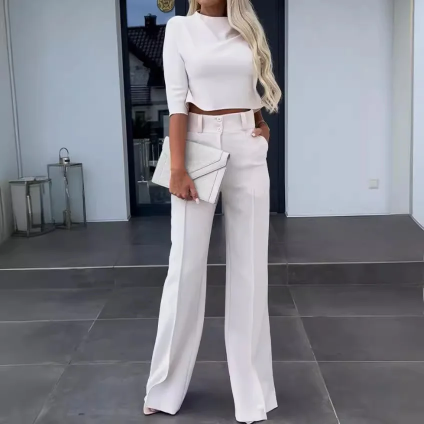 

2026 New Solid Color Seven Part Sleeve Short Top High Waist Wide Leg Pants Suit Women Personality Street Trend Fashion
