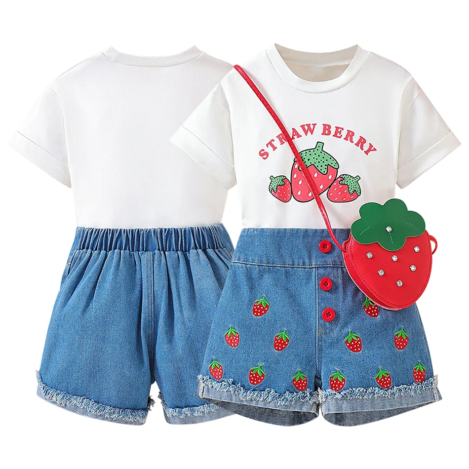 Girls Summer Wardrobe White Round Neck T-Shirt Strawberry Print Denim Shorts and Bag Comfortable 3-Piece Set Children Sets