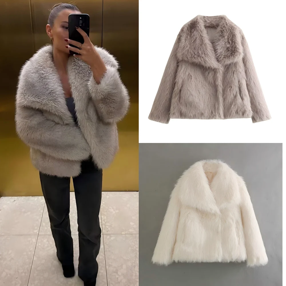 

Women's 2025 new fashion thickened warm Fur Faux Leather big Lapel coat retro long sleeved Button-up women's coat chic top