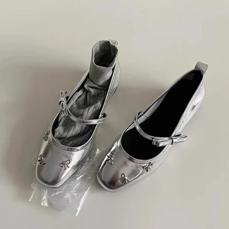 

Lambskin Version ~ Silver French Style Flat Mary Jane Shoes with Bow, Versatile Little Leather Shoes