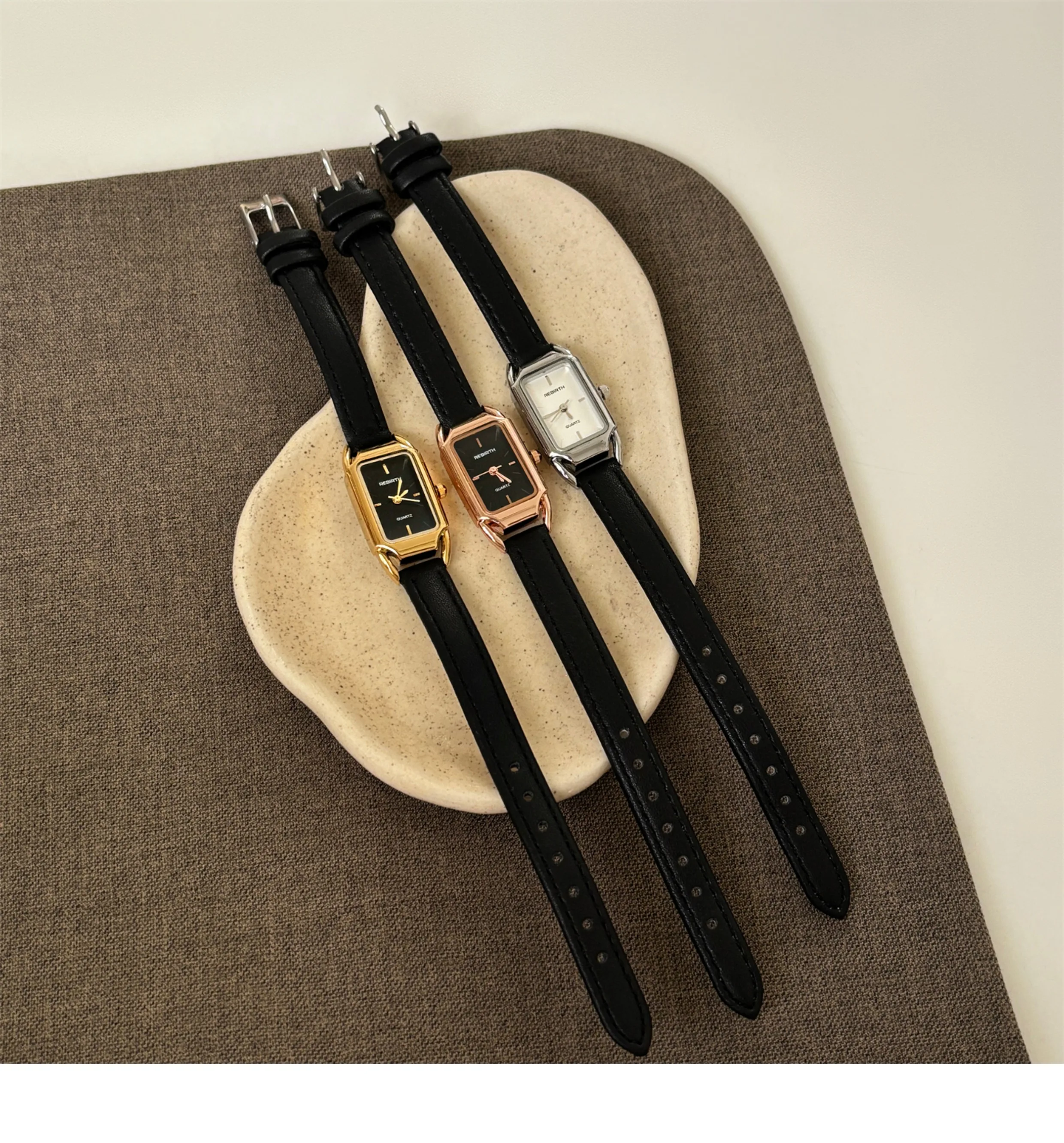 Design sense black square four-sided watch women's fashion temperament casual versatile belt women's watch