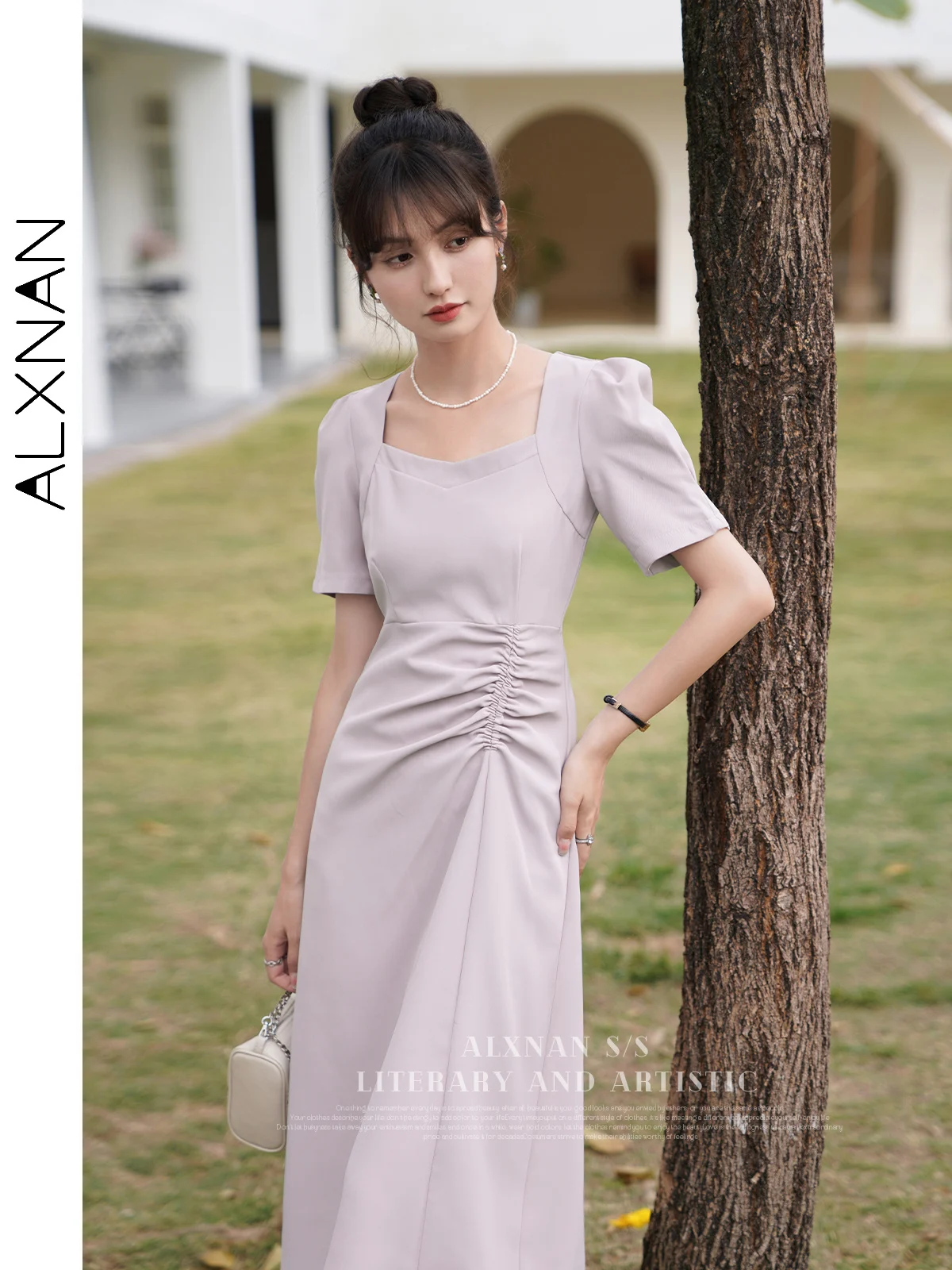 ALXNAN Frenchy Elegant Dresses for Women 2024 Short Sleeve Purple Summer Square Collar Fitted Shirring Waist Midi Dress LXN29666