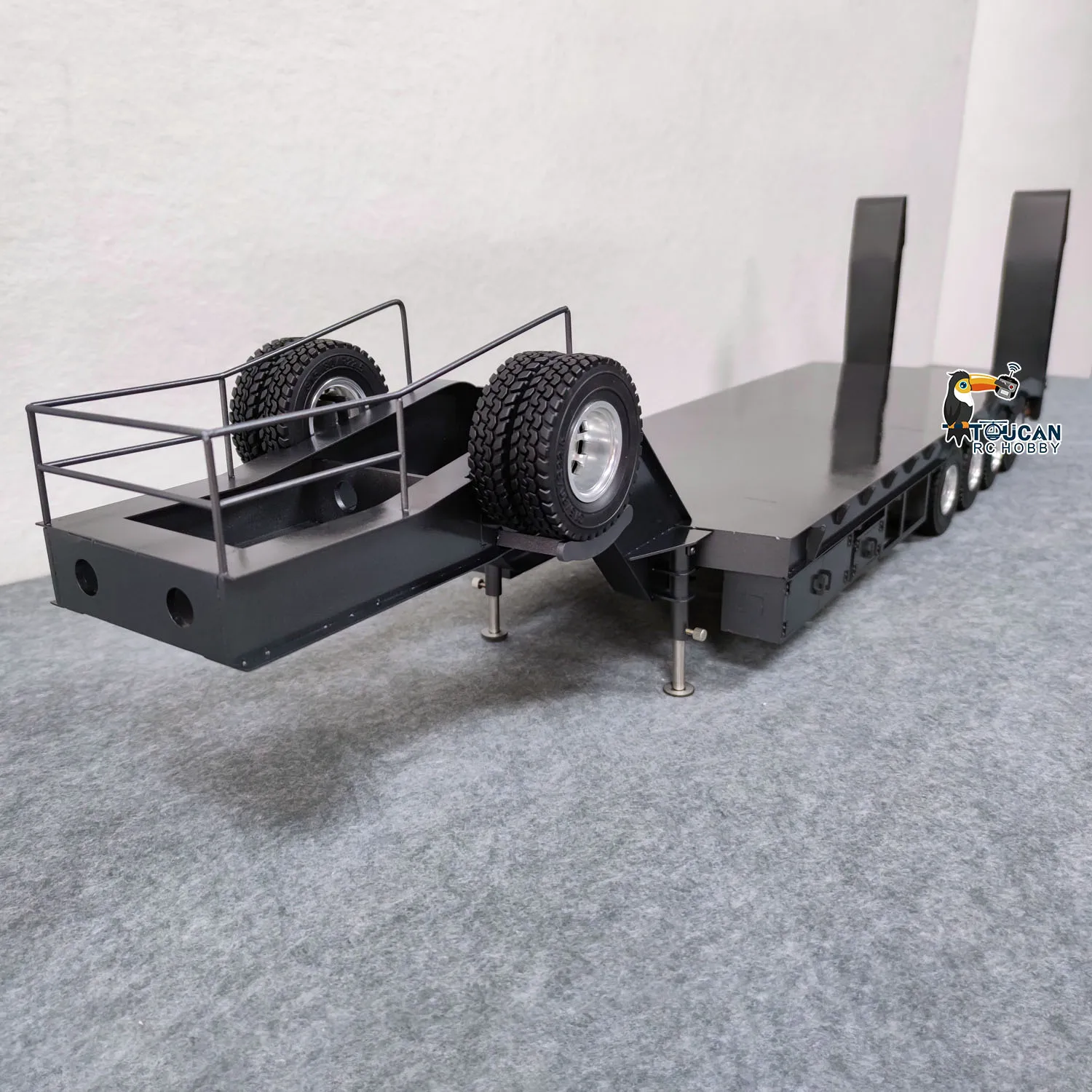 

RC Assembled Painted 4 Axles Metal Trailer with Electric Tail-board Lifting Legs Side Light for 1/14 JDM 189 Tractor Truck Toy