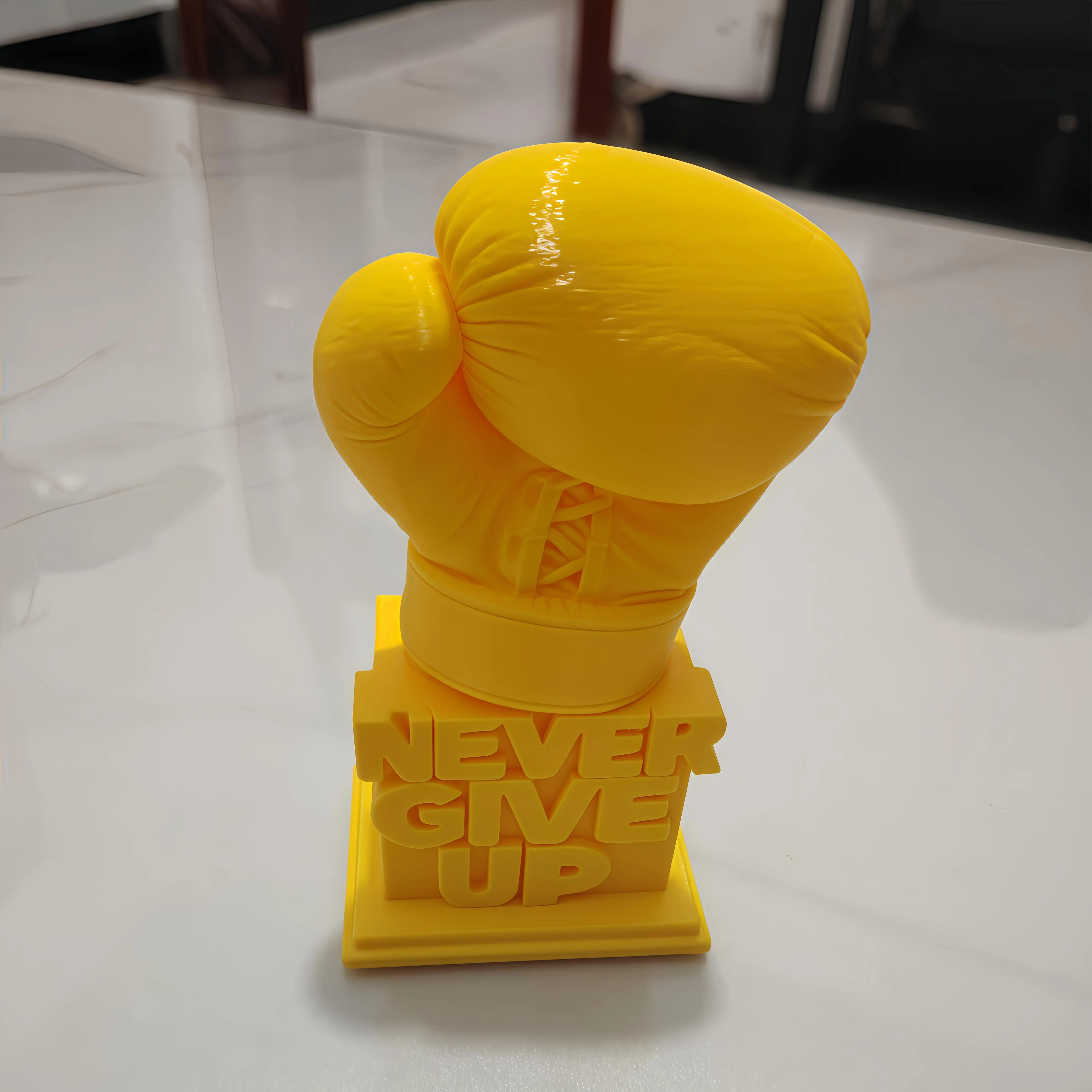 Never Give Up Boxing Gloves Statue Plastic Craft Figurine with Engraved Solid Base Desktop Decor for Home Office Inspirational G