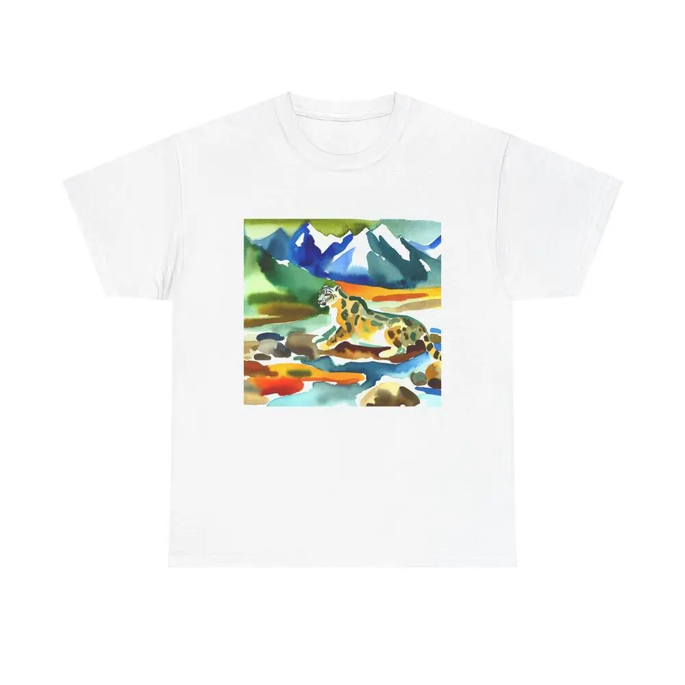 Watercolor Art Snow Leopard Mountains Nature Conservation For Men Clothing Women Short Sleeve Tees High Quality