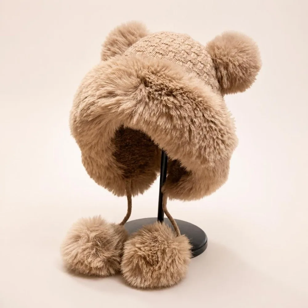 Fashion Lined Bear Ear Knit Hat Windproof Thermal Insulation Earflap Hat Fluffy 4 Pom Poms Winter Knit Cap Cold Weather