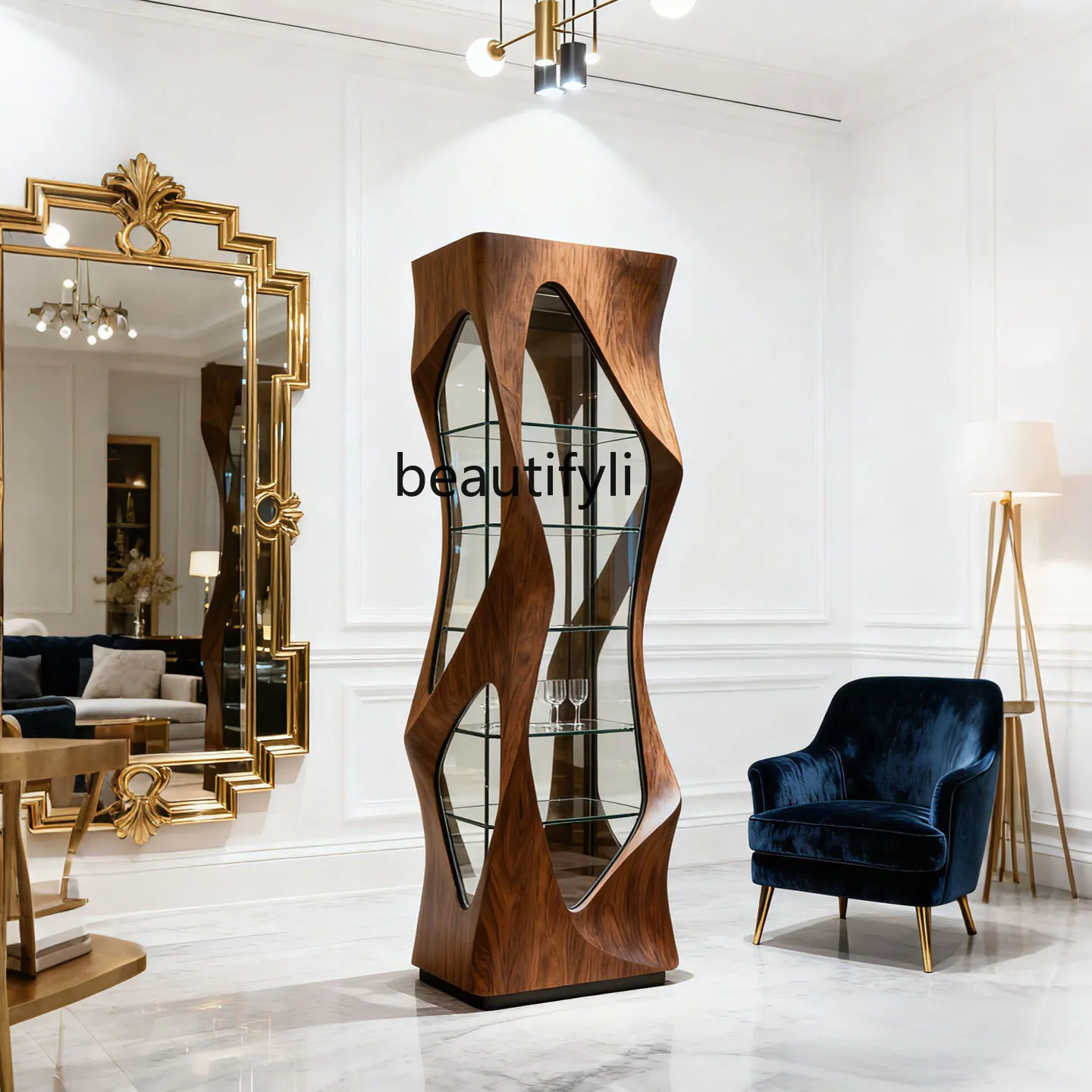 

Italian Minimalist Black Walnut Wine Cabinet Irregular Decorative Cabinet Living Room Solid Wood Glass Decorative Cabinet