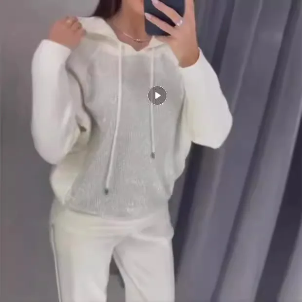 Sweatpants Suit Womens Set Fashion Diamonds Patchwork Hoodies Autumn Long Sleeve Two Piece Outfits Winter Sportwear Tracksuits