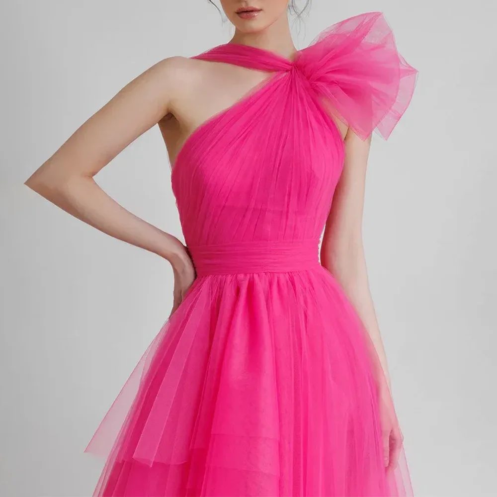 

Pink Tulle Elegant Evening Dresses Birthday Party Prom Gowns A-Line Halter Pleated Simple Evening Prom Dresses Customized