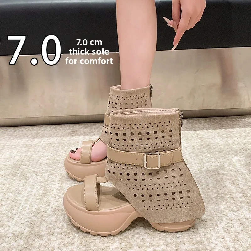 

Women's Roman Style Toe-Baring Breathable Hollow out Sandals High Heel Short Booties Spring Autumn Flat Comfortable Shoes