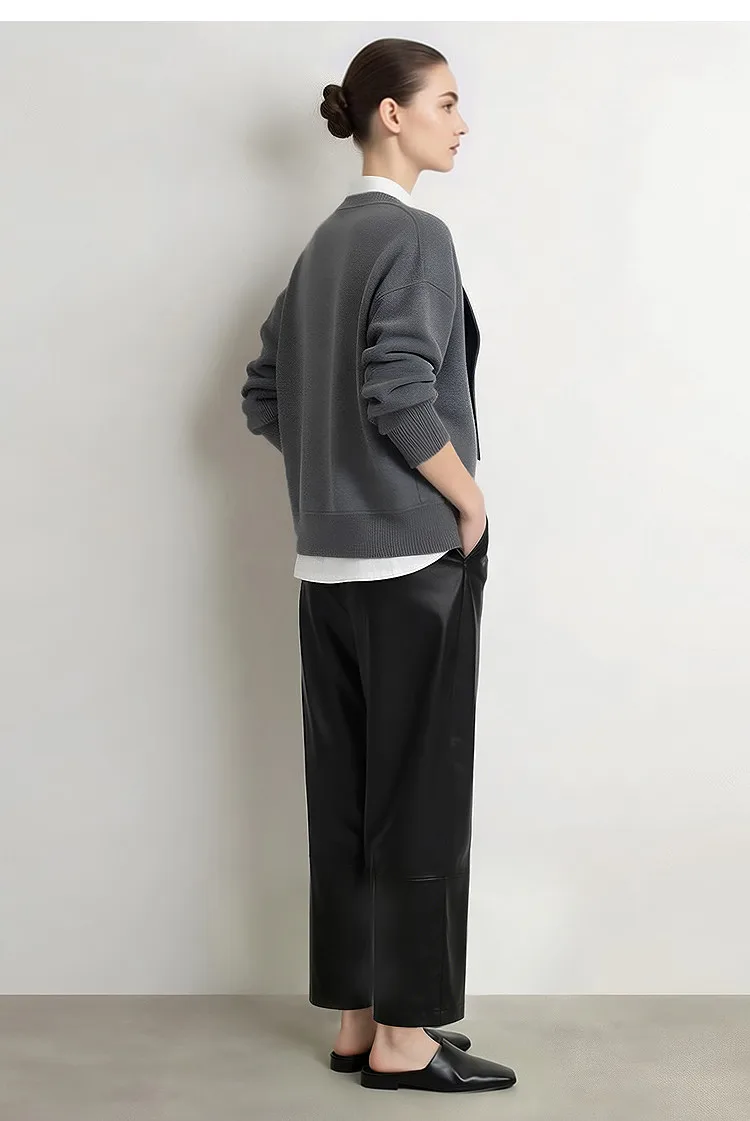 Amii Women Wide Leg Pants Mid Rise Elastic Waist Ankle Length Solid 2026 Autumn Commute Loose Casual Woman PU Trousers 12643003