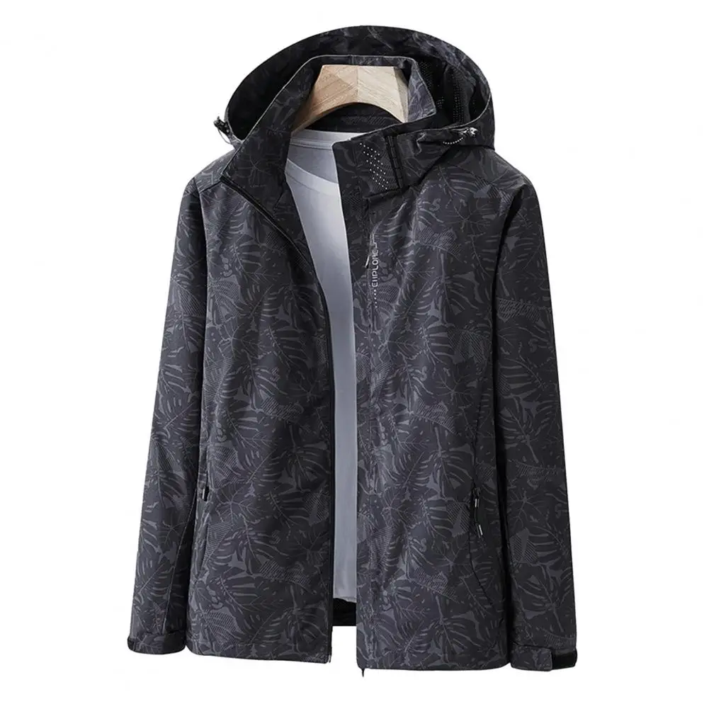 Chaqueta cortavientos con estampado de hojas para mujer, abrigo transpirable de manga larga con capucha y bolsillos con cremallera, abrigo con cremallera para exteriores, otoño y primavera