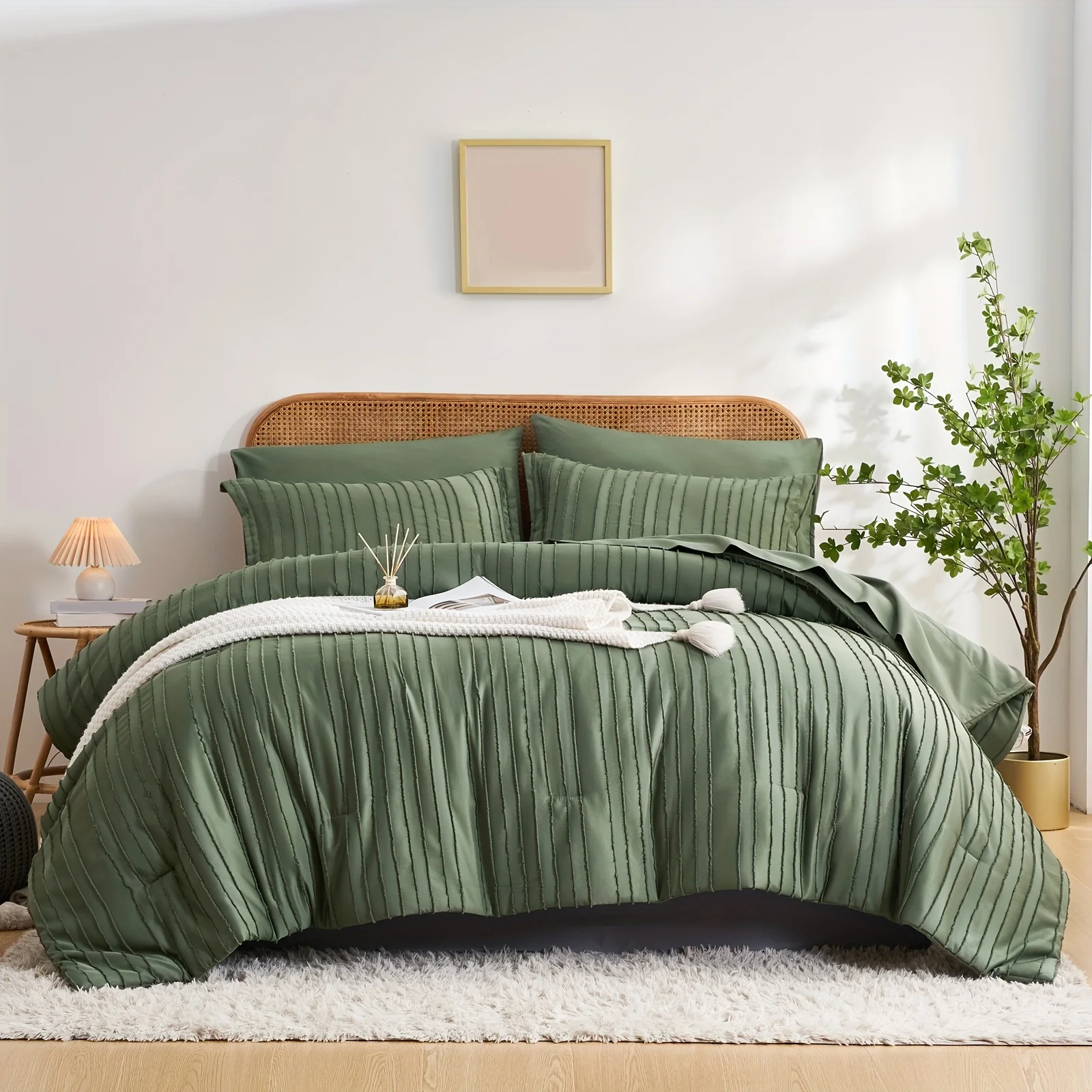 

7pcs Striped Textured Pattern Bed Set, Shabby Chic Boho Comforter Sets, Queen/King Size Bed In A Bag, Soft Microfiber Lightweigh