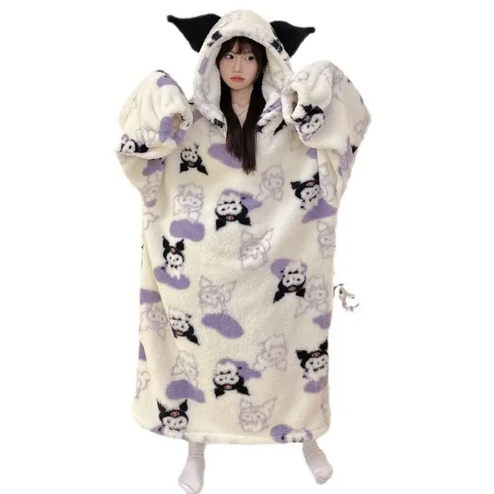 Sanrios Kuromi Pajama Skirt Anime Cartoon Woman Autumn Winter Plush Robe Home Wear Keep Warm Girl Long Style Oversized Nightgown