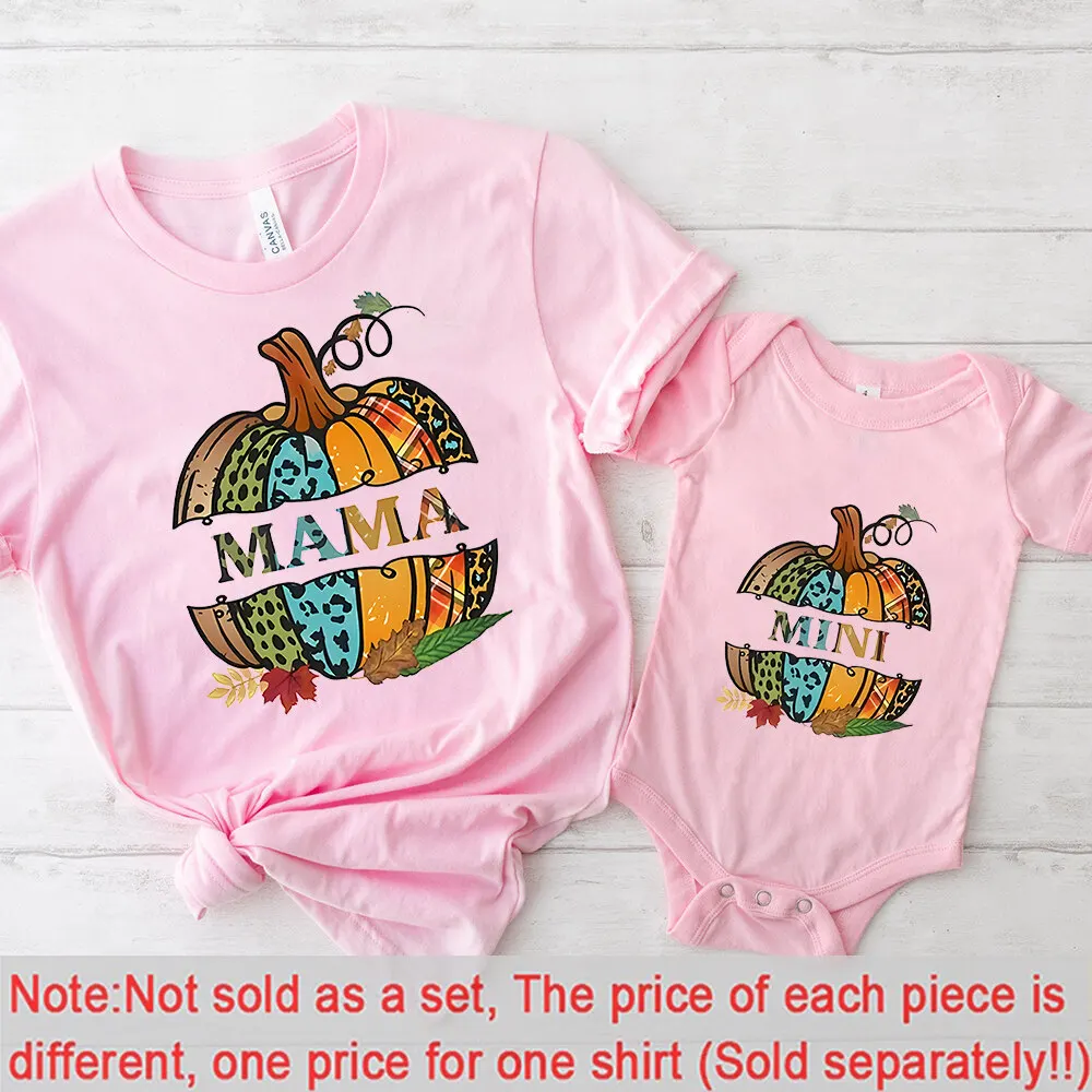 2pcs Colorful Pumpkin MAMA MINI Series T-Shirt Family Print Design Shirt and Romper Family Matching Clothing