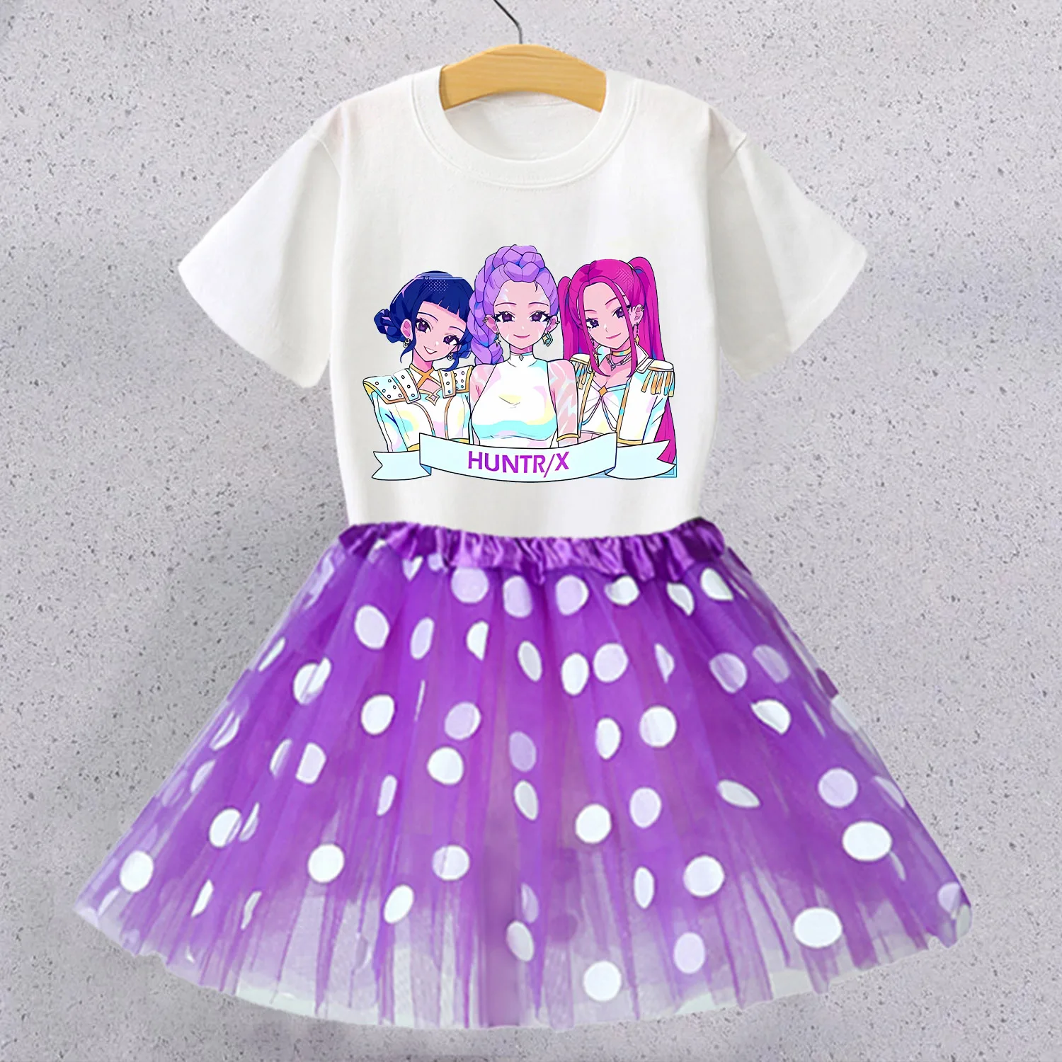 

Kpop Demon Hunters T-shirt Skirt Set for Children Cartoon Clothes Girls Tee Top Purple Skirts Suit Fashion Short Sleeve Clothing