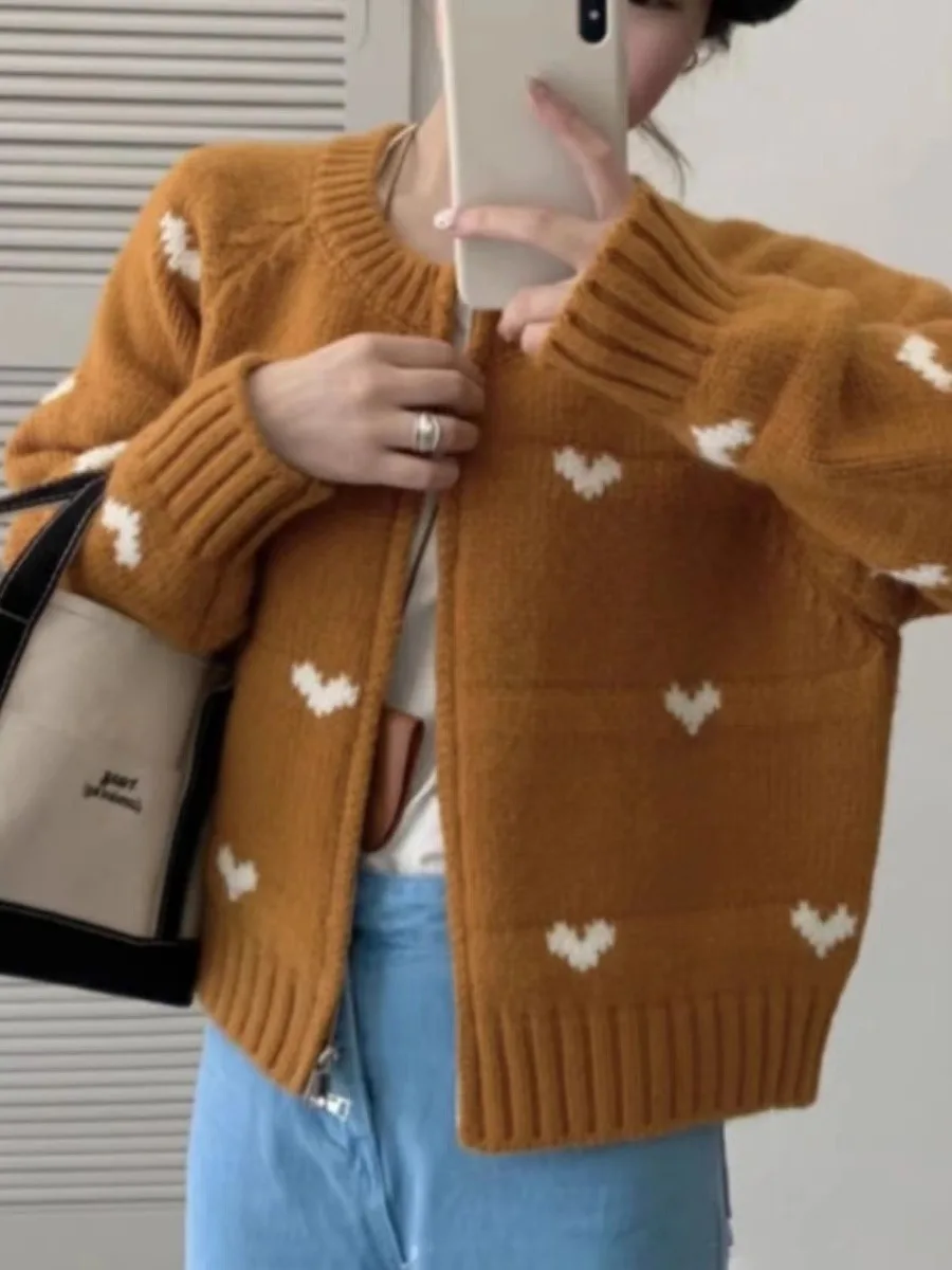 Love Heart Knitted Sweater Coat Women's Spring Autumn Lazy Style Open Cardigan Long Sleeve Round Neck Zipper Loose Fit Top