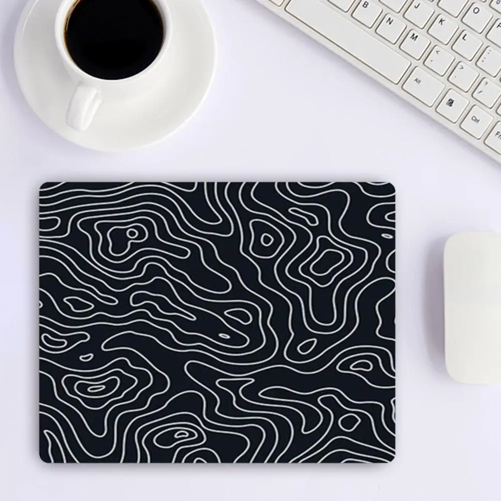 Black Background White Contour Topographic Map Abstract Pattern For Laptop Office Playmat