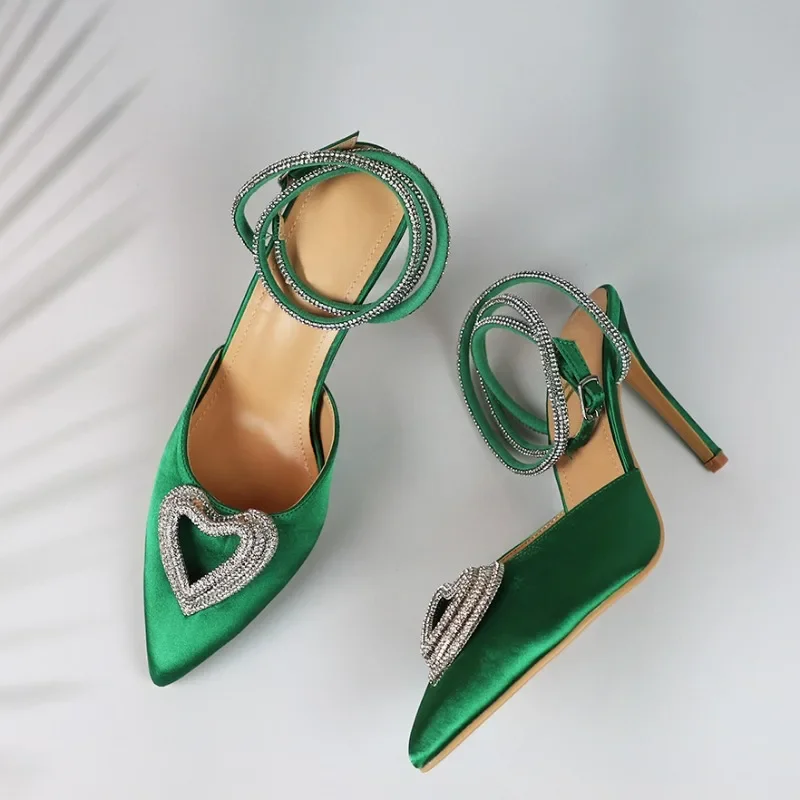 Summer Women High Heeled Sandals Luxury Rhinestone Heart Designer Dress Party Pointed Toe Elegant Green Ankle Strap Shoes Ladies