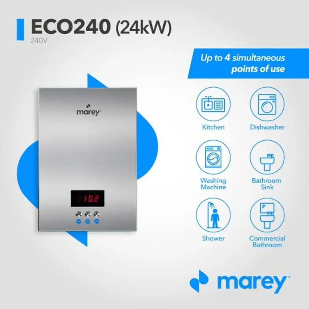 Compact ECO240 Electric Tankless Water Heater LCD Control Panel Home Office Smart Technology Unlimited Hot Water On Demand Safe