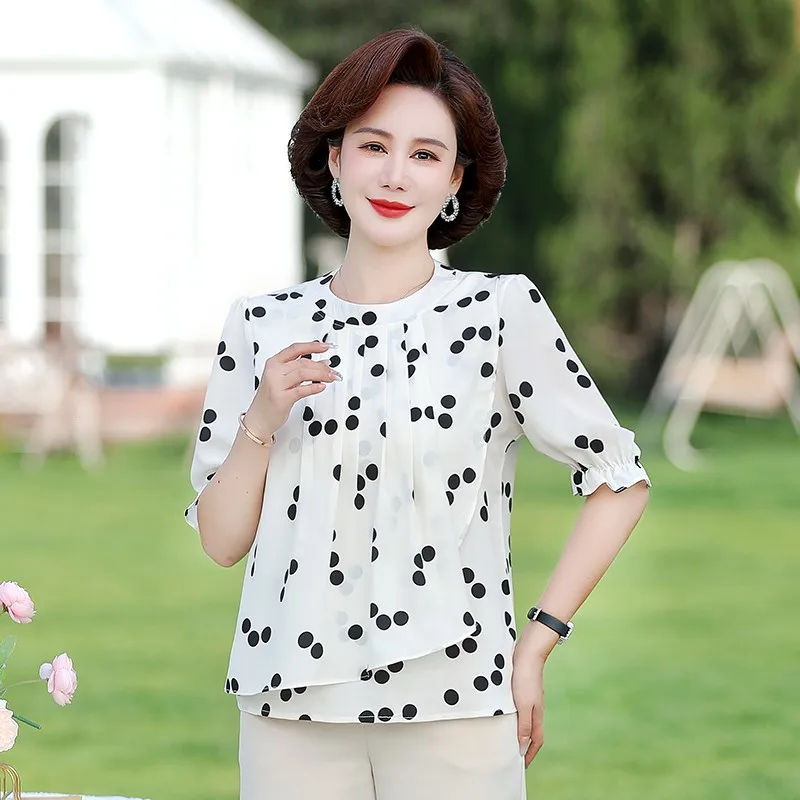 Fashion Commute Round Neck Polka Dot Chiffon Shirt Summer New Casual Korean FemaleSpliced Short sleeved Blouse Women\'s Clothing