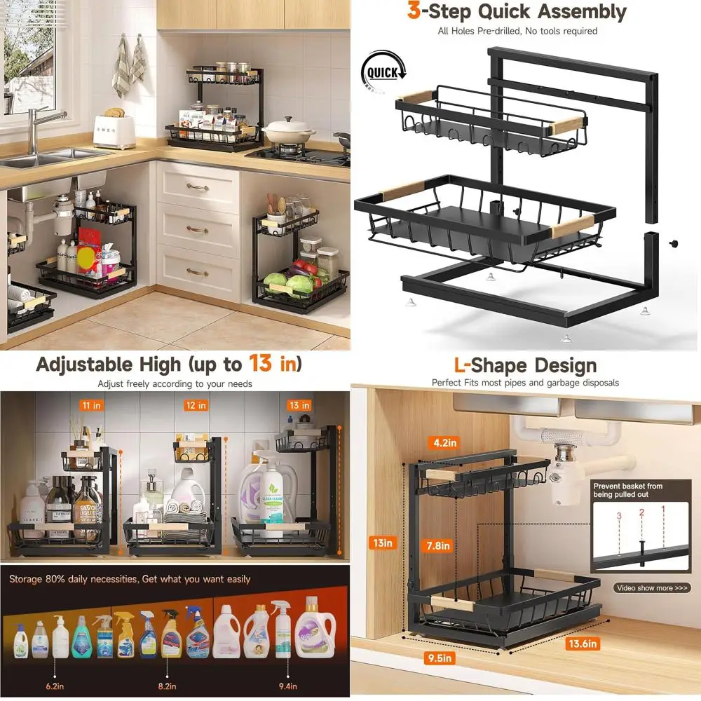 

Регулируемый двухуровневый органайзер для раковины, черная многофункциональная полка для хранения кухонных и ванных комнатных шкафов