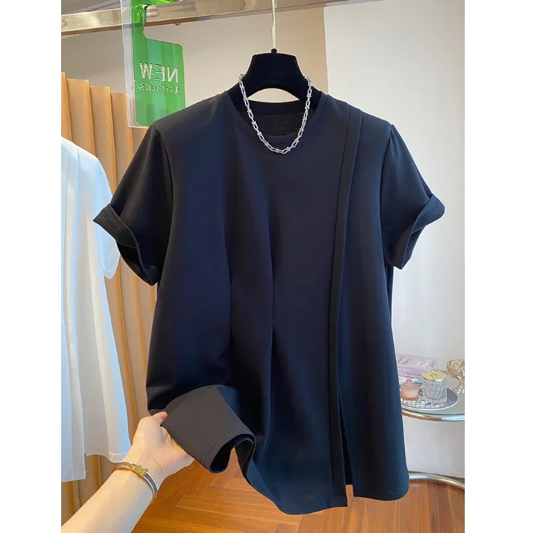 

Свободная повседневная женская футболка ort Sve oulder Pad, новинка лета, смесь хлопка и полиэстера, топ с открытым разрезом