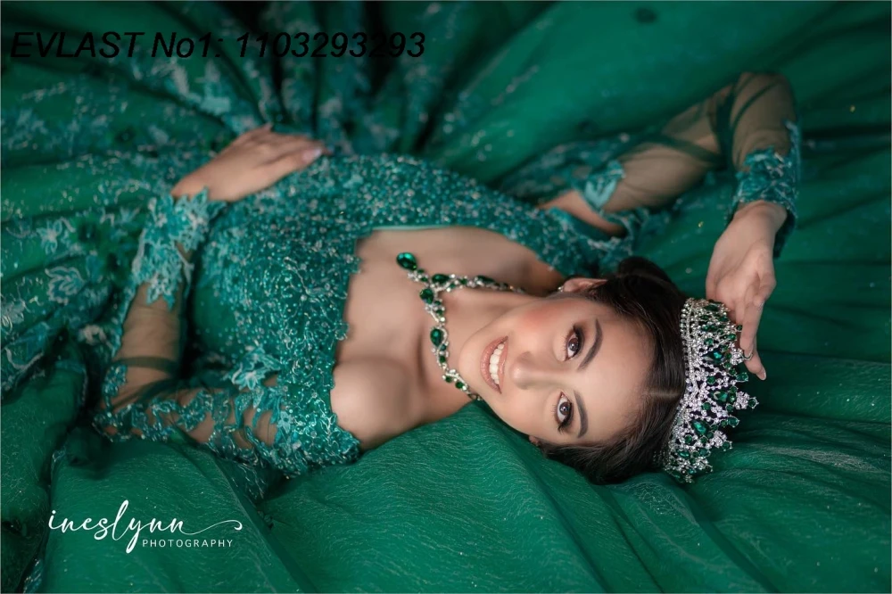 فستان Quinceanera المكسيكي باللون الأخضر الزمردي المخصص من EVLAST فستان حفلة مزين بالدانتيل والخرز مشد حلو 16 فيستدو دي 15 أنوس E1Q92