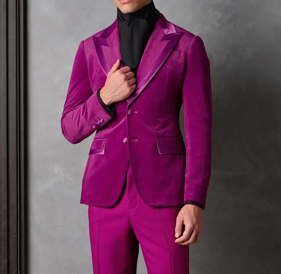 بدلة زفاف مخملية كلاسيكية للرجال بلغت ذروتها معطف واحد الصدر للأعمال 2 قطعة سروال سترة مصنوع حسب الطلب