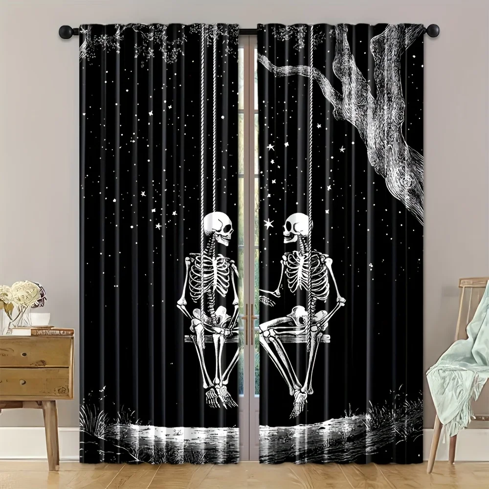 

2 шт. романтических штор с изображением пары-скелетов, звездной ночью и качелями, для гостиной, обеспечивающие уединение и декор, в готическом стиле.