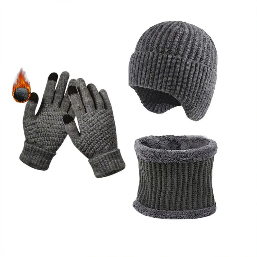 Cozy Knitted Three Piece Winter Set Thermal Hat Neck Warmer Touch Screen Gloves Thick Windproof Gear For Outdoor Activities