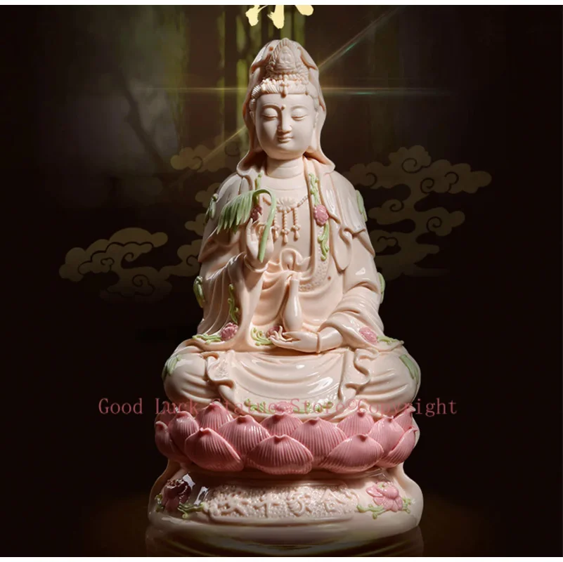 

TOP GOOD # high-grade home TOP Talisman Mascot Guanyin Buddha Natural Porcelain jade carving Sculpture statue 28cm