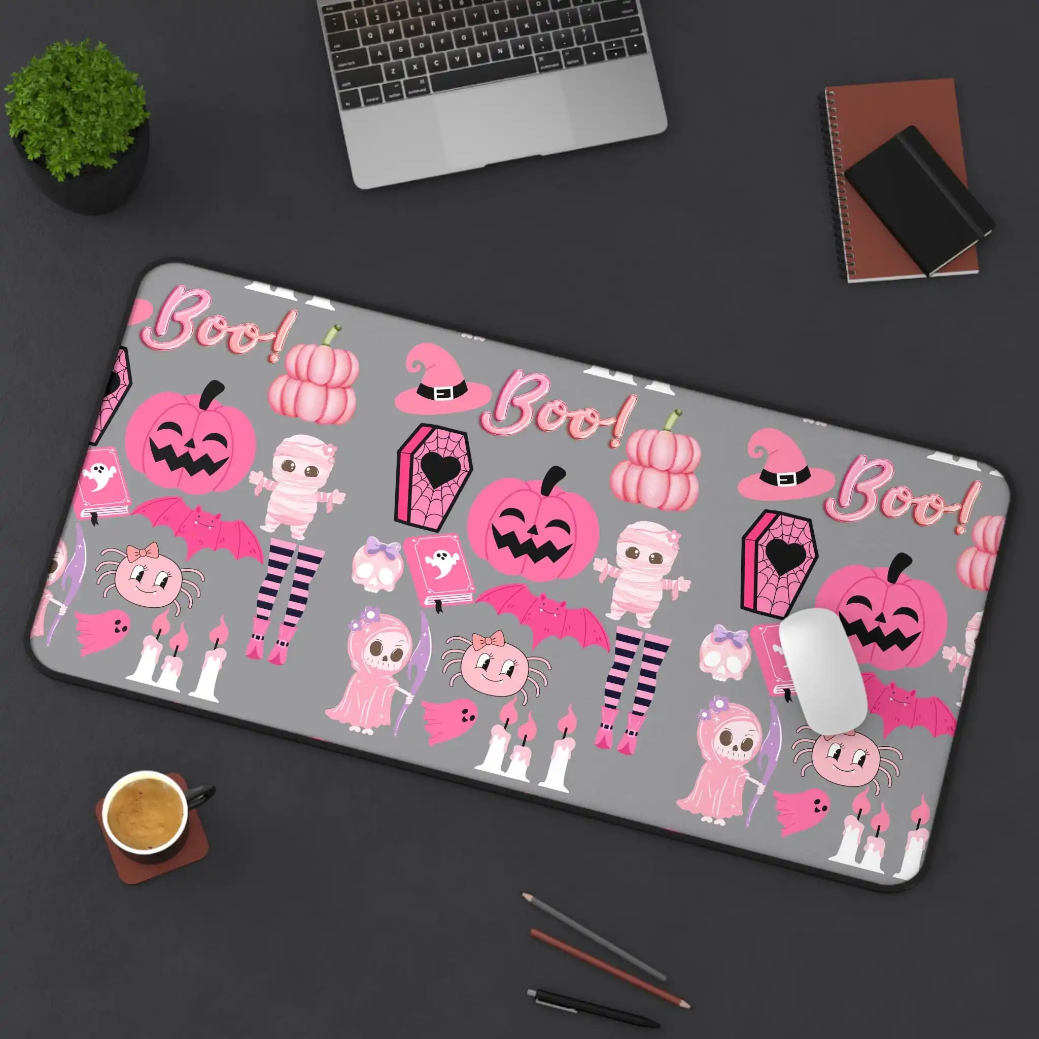 

Pink Halloween Theme Table Mat with Cute Ghosts and Pumpkins, Perfect for Spooky Season, Home Office Decoration, Gamer Gifts