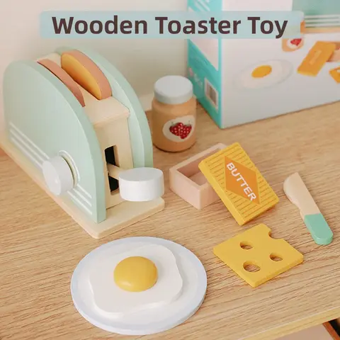Wooden Toaster Toy Kids Bread Machine Kit Pretend Play Kitchen Toys Set Breakfast Educational Toys Gifts for Girls Boys
