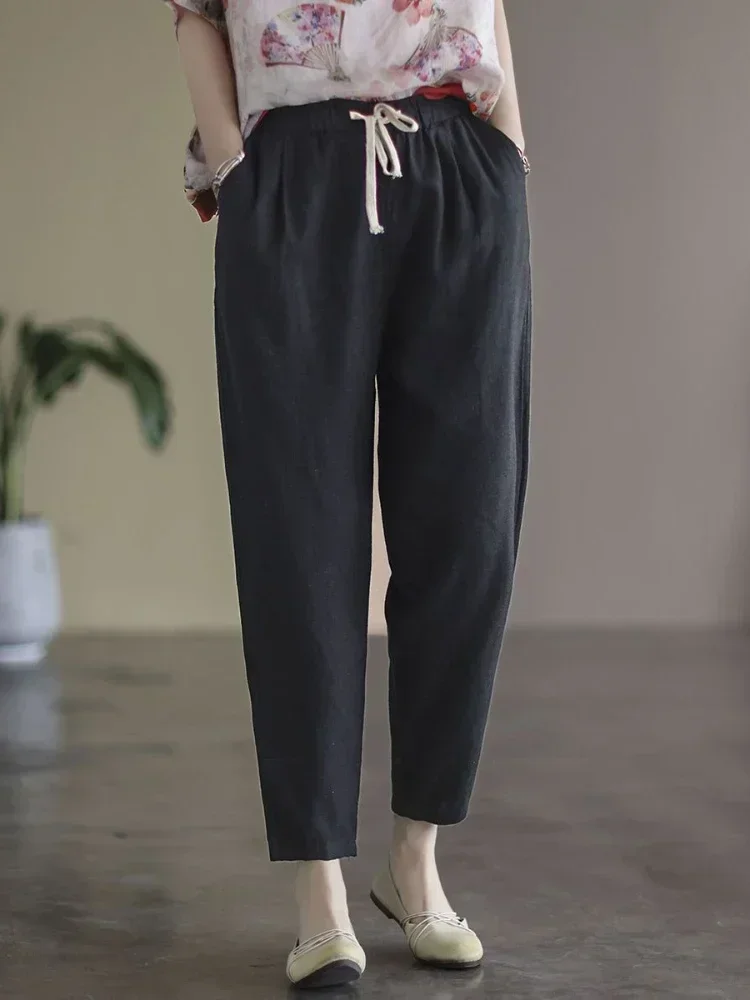 القطن الكتان سراويل تقليدية للنساء في 2024 جديد فضفاض سليم رقيقة الدانتيل متابعة الكاحل طول السراويل الرجعية مرونة الخصر سراويلي حريمي النساء #1