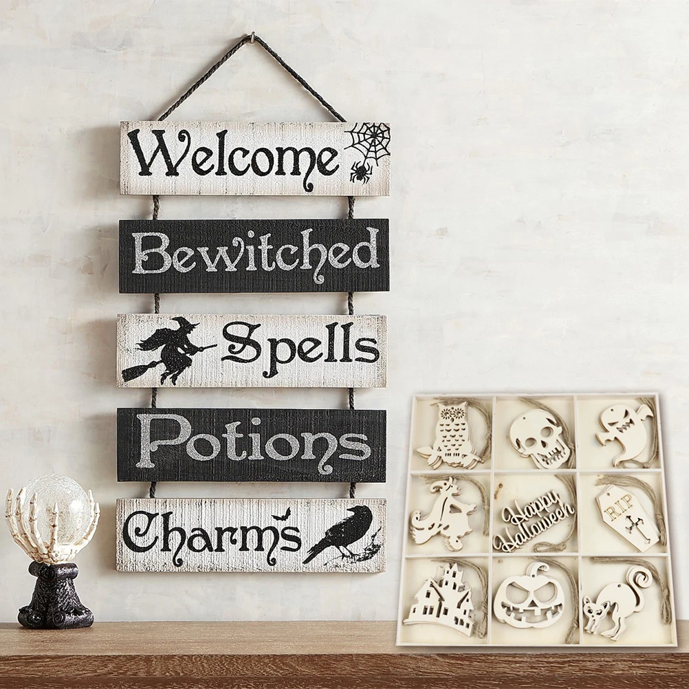 

36 pcs Halloween Wooden Carved Pendants Hollow Out Eco-Friendly Craftworks Diy Decorative Adornments 9 Compartments Packaging