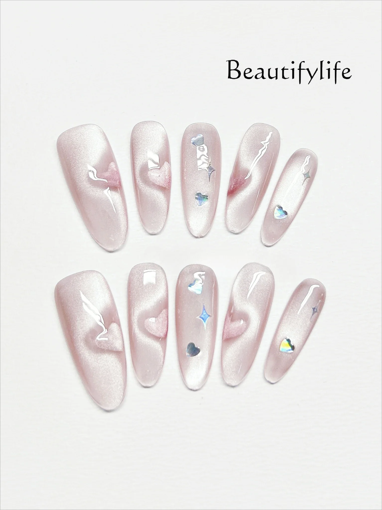 

Love Cat's Eye Handmade Wear Nail Finished Pink Whitening Nail Patch