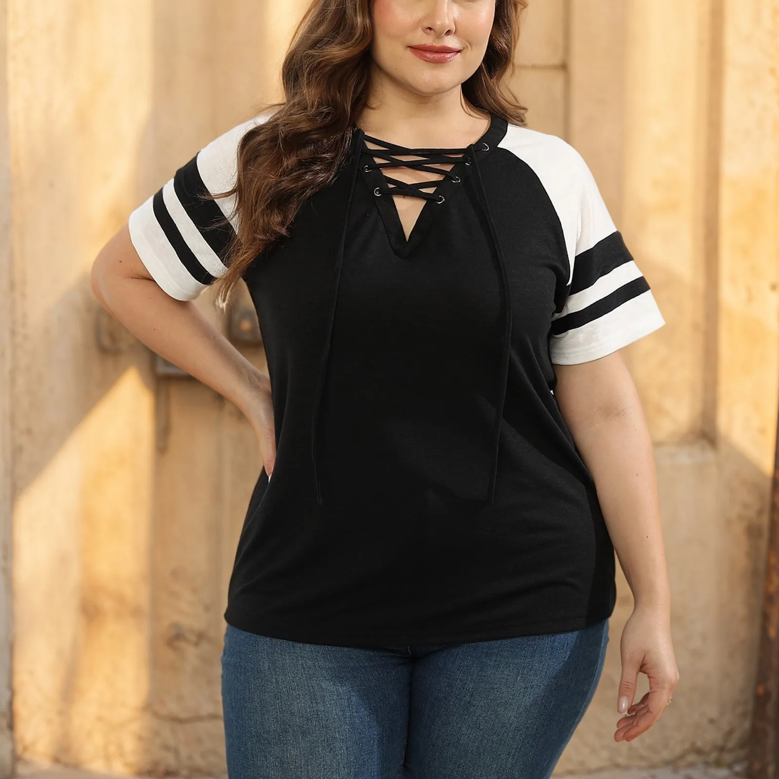 

Европейская и американская женская футболка большого размера с короткими рукавами и v-образным вырезом на бретельках, топ с контрастными рукавами