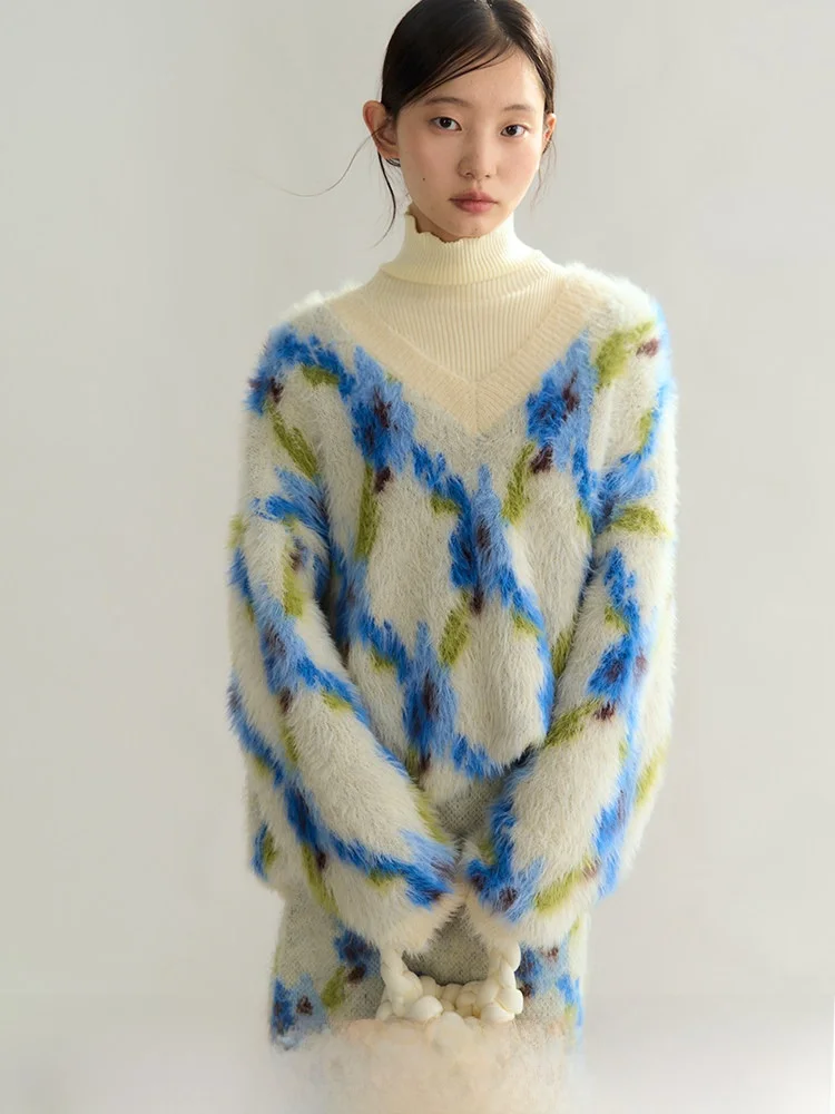 Loose V-ne Sweater Original Design l Flower Pattern Plant Series Tulip Diamond id Texture Autumn Winter Women's Kni...