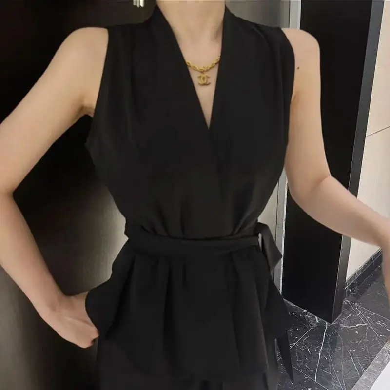 النمط الفرنسي بلا أكمام تانك الأعلى المرأة الصيف موضة جديدة سليم صالح التعادل الخصر قميص #3