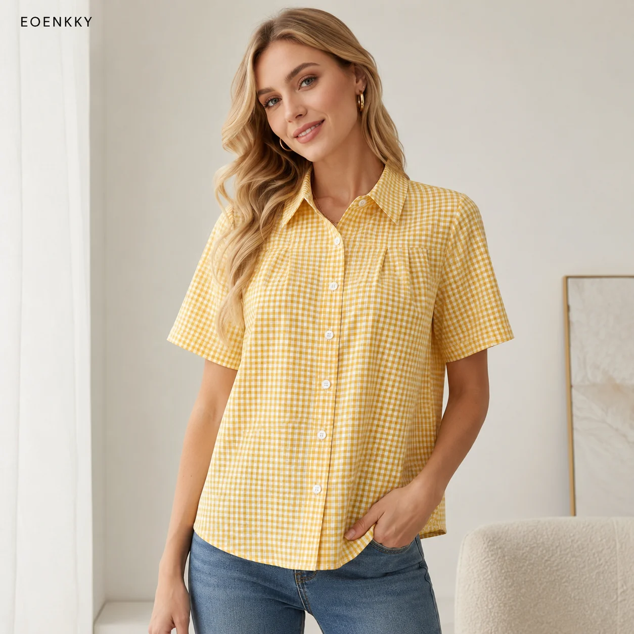 EOENKKY Women Gingham Plaid Shirt Short Sleeve Button Down Loose Fit Blouse Casual Summer Office Tops S-XXL