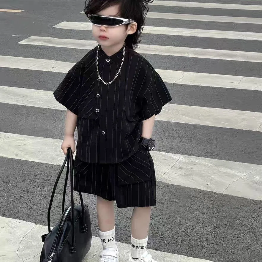 

Children's Summer Outfit Set Fashionable Boy's Short Sleeve Collared Shirt And Shorts 2-Piece Set