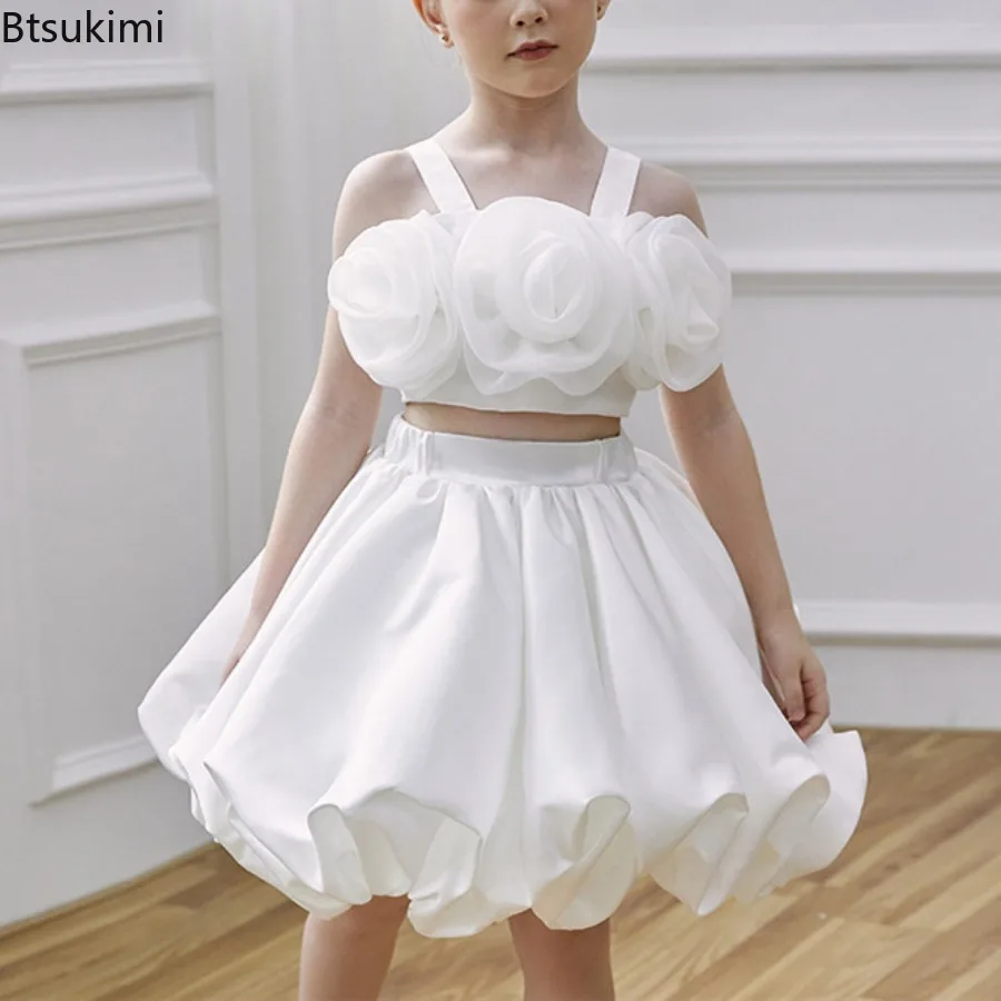 Girls Party Dresses White Wedding Bridesmaid Girl Flower Tank Top +Skirt 2Pcs Set Girls Puffy Elegant Birthday Party Ball Gown