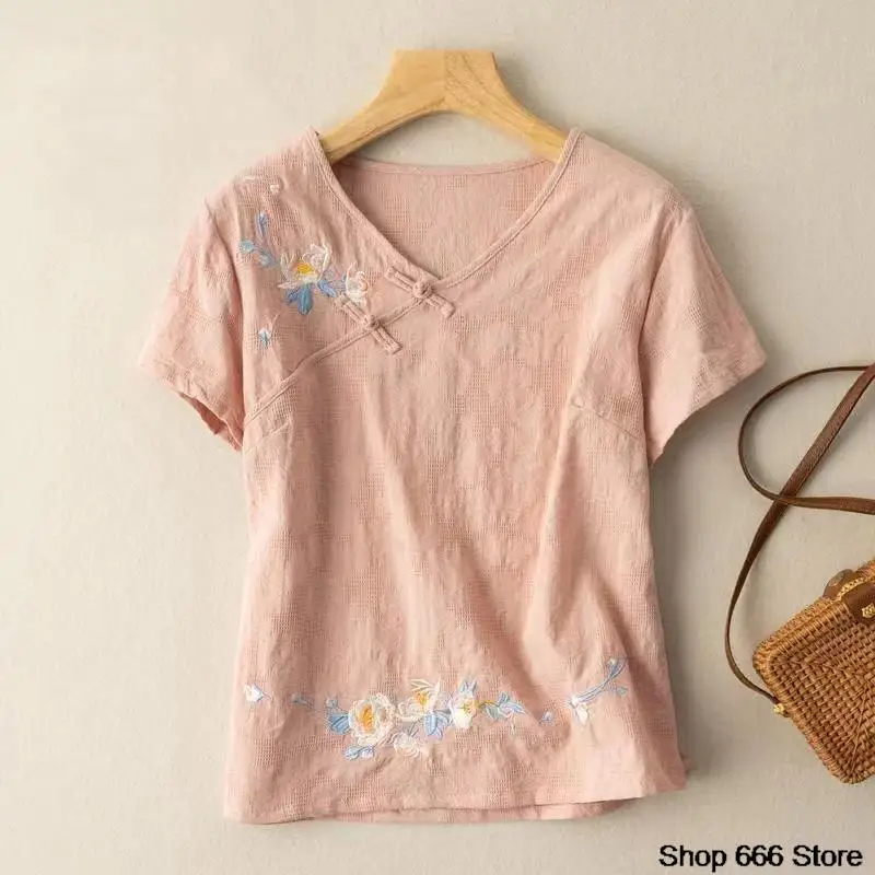 China Style Spring Summer Printing T-shirt Loose Top Oriental Female Clothes Chinese Blouses for Women Retro Cotton Linen Shirt